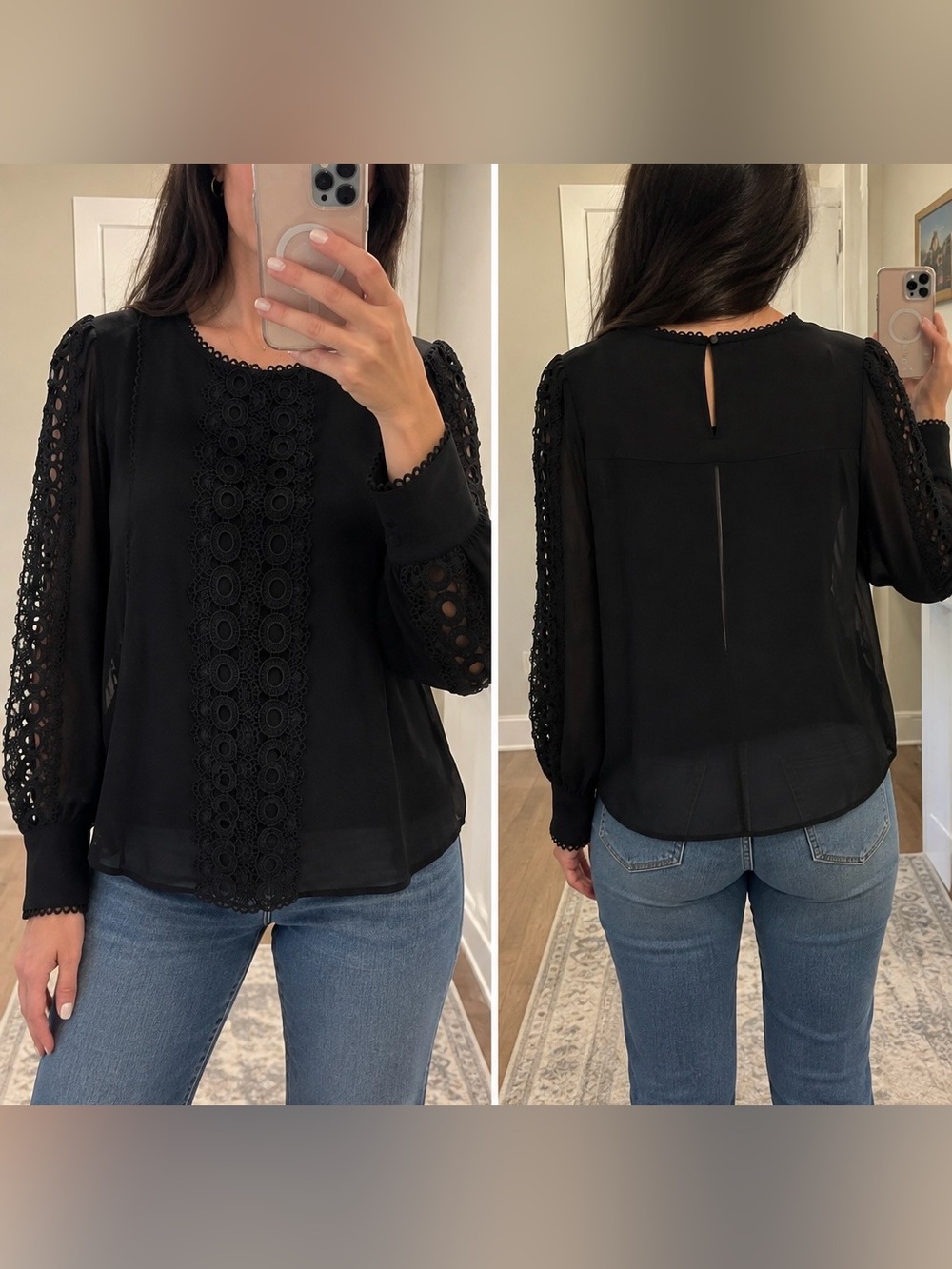 Joie Black Crochet-Trim Long Sleeve Blouse